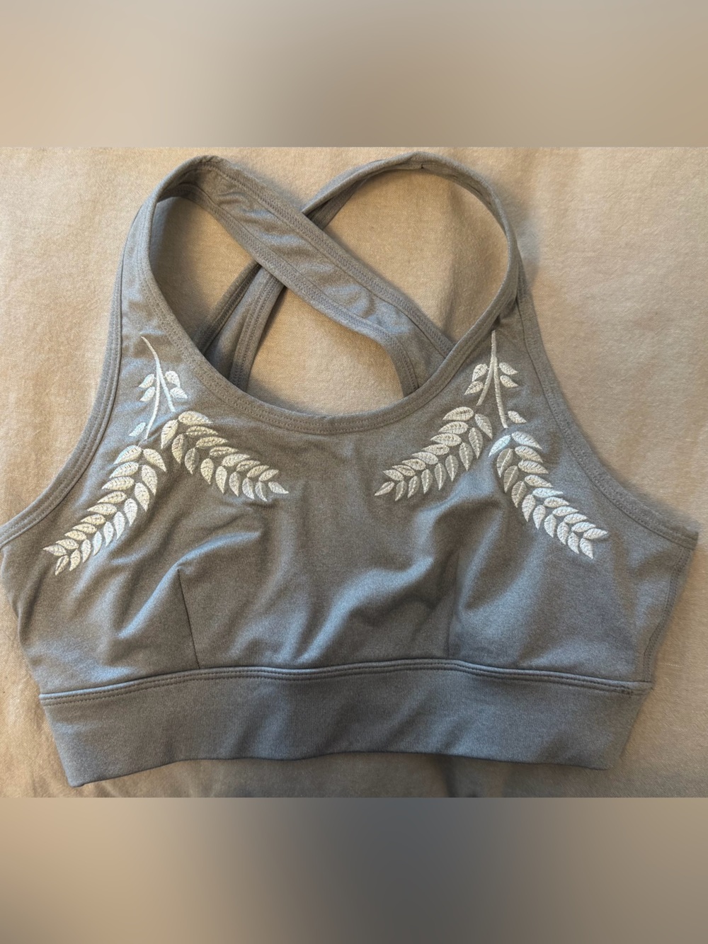 Grey and white patterned sports bra